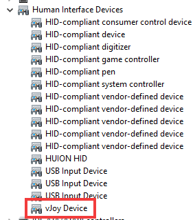 Device Manager's Human Interface Devices list, with vJoy Device picked out at the bottom