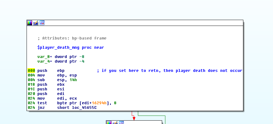 IDA disassembly of $player_death_mng, annotated with a note that patching its first instruction to retn stops the player from dying