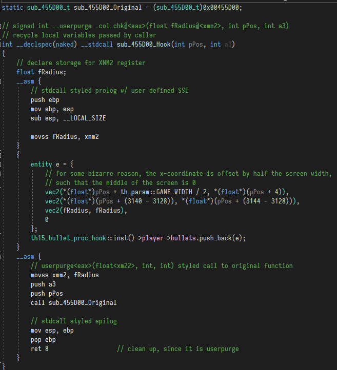 The naked __stdcall hook, hand-writing a prolog and epilog around the userpurge call convention of the original function