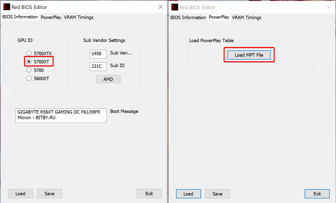 Red BIOS Editor with the GPU ID set to 5700XT, and the Load MPT File button on the PowerPlay tab
