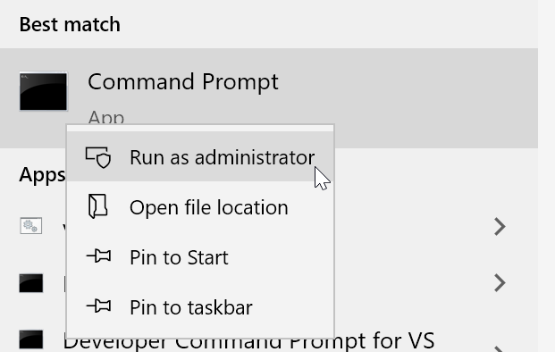 Running Command Prompt as administrator from the start menu