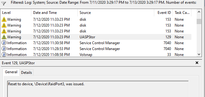 Event Viewer showing repeated disk warnings and a UASPStor event 129, "Reset to device, \Device\RaidPort3, was issued"